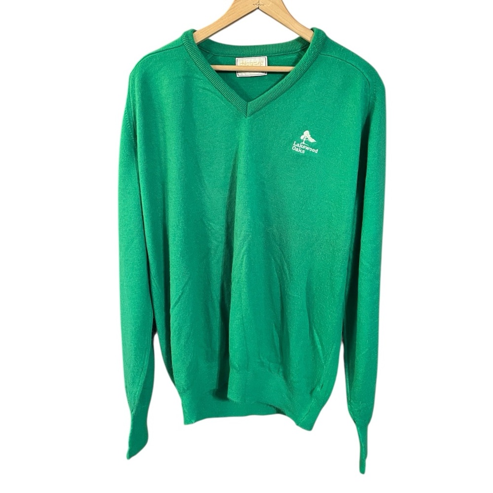 Vintage Sweater Size Large Green Knit VNeck Made In USA Hogan Lakewood Oaks